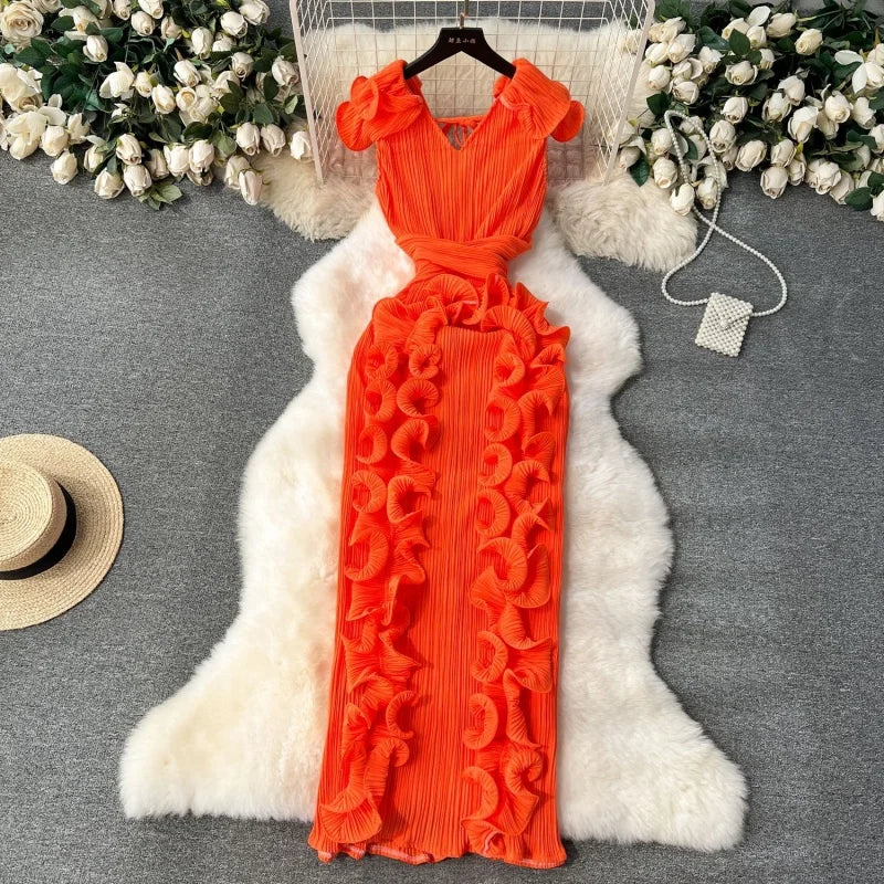 Ruffles Spliced Sleeveless V-Neck Bodycon Maxi Long Evening Dress
