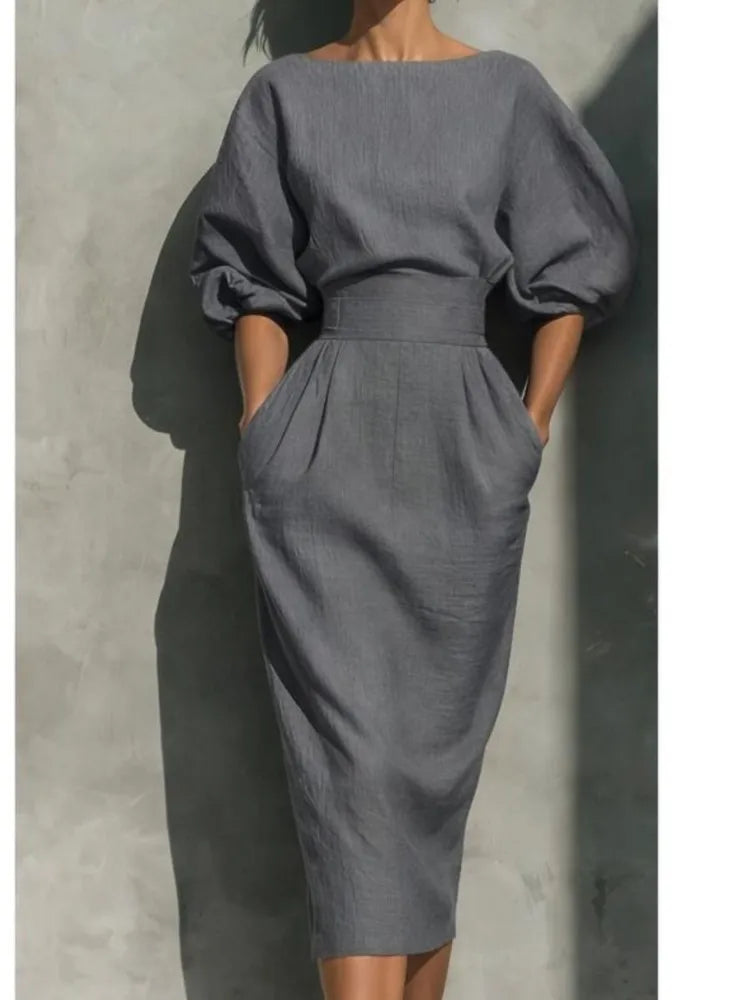 Women O-neck Lantern Sleeve Pocket Midi High Waist Pleated Wrap Hip Dress