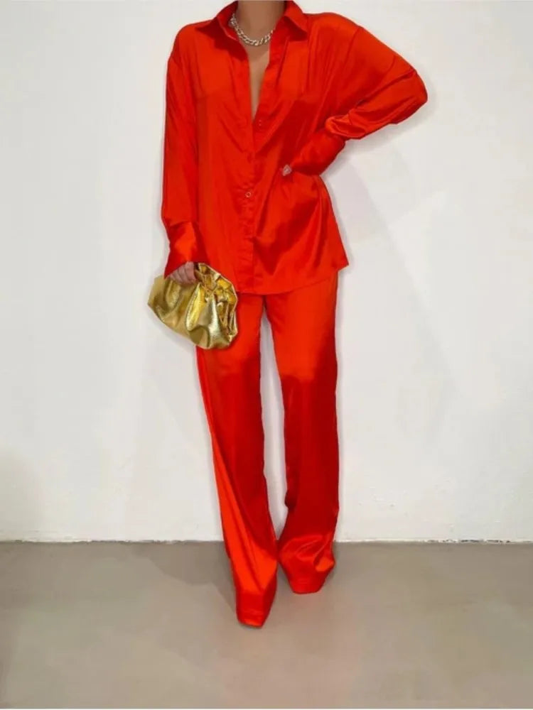 Elegant Satin Women's Long Sleeve Tracksuit And Wide Leg Pants