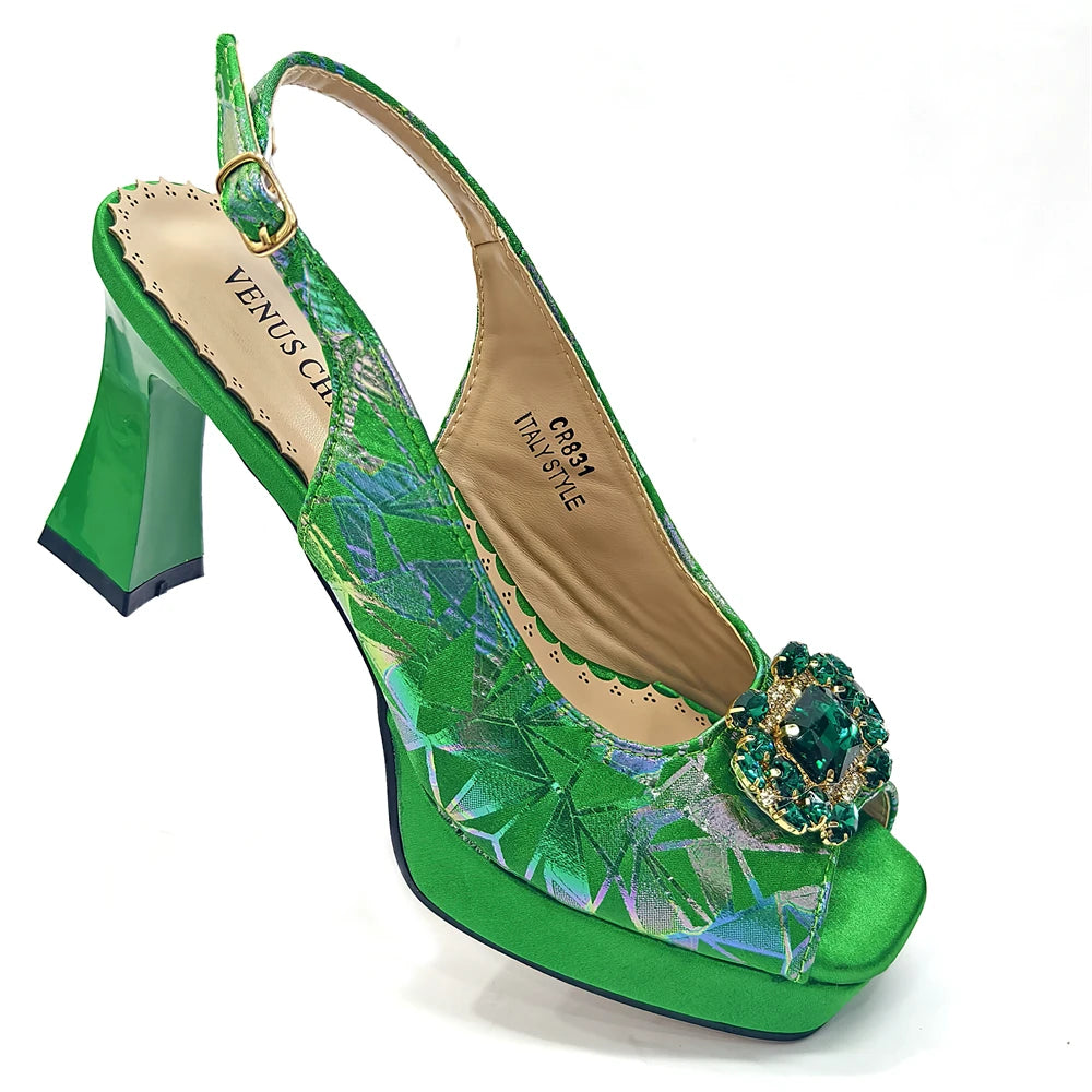Elegant Women Peep Toe Designer Rhinestone Italian Shoes and Matching Bags
