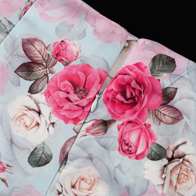 Floral Print Elegant Long Sleeve Lapel Button Crop Top Bodycon Mini Skirt Two Piece Set