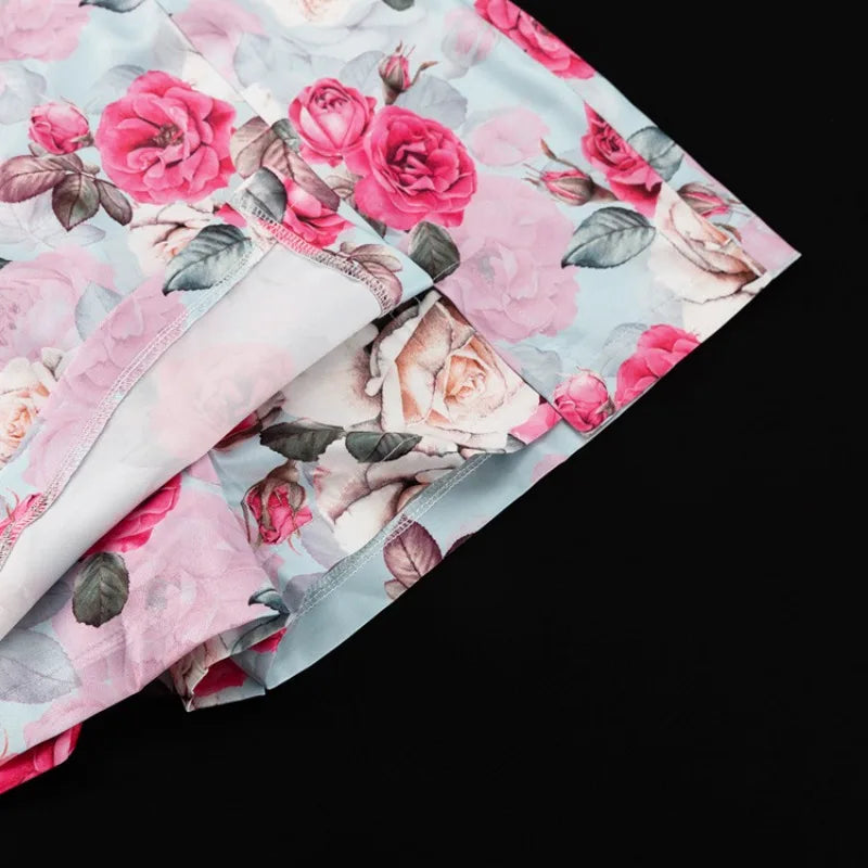 Floral Print Elegant Long Sleeve Lapel Button Crop Top Bodycon Mini Skirt Two Piece Set