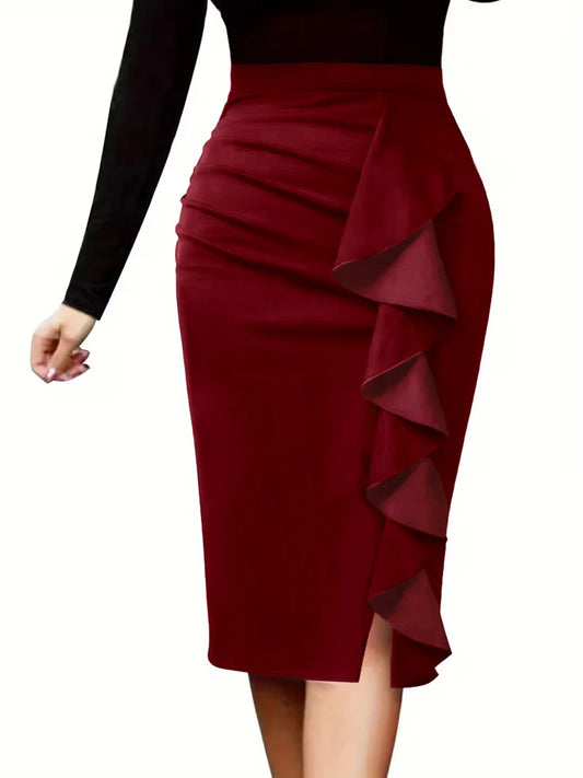 Women's Burgundy Ruffle High Waist Stretch Slim Fit Pencil Midi Skirt, w/ Side Split