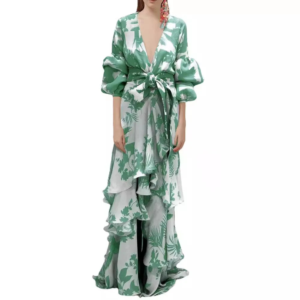 Summer Chiffon Floral Print V-Neck Beach Irregular Bohemian Dress