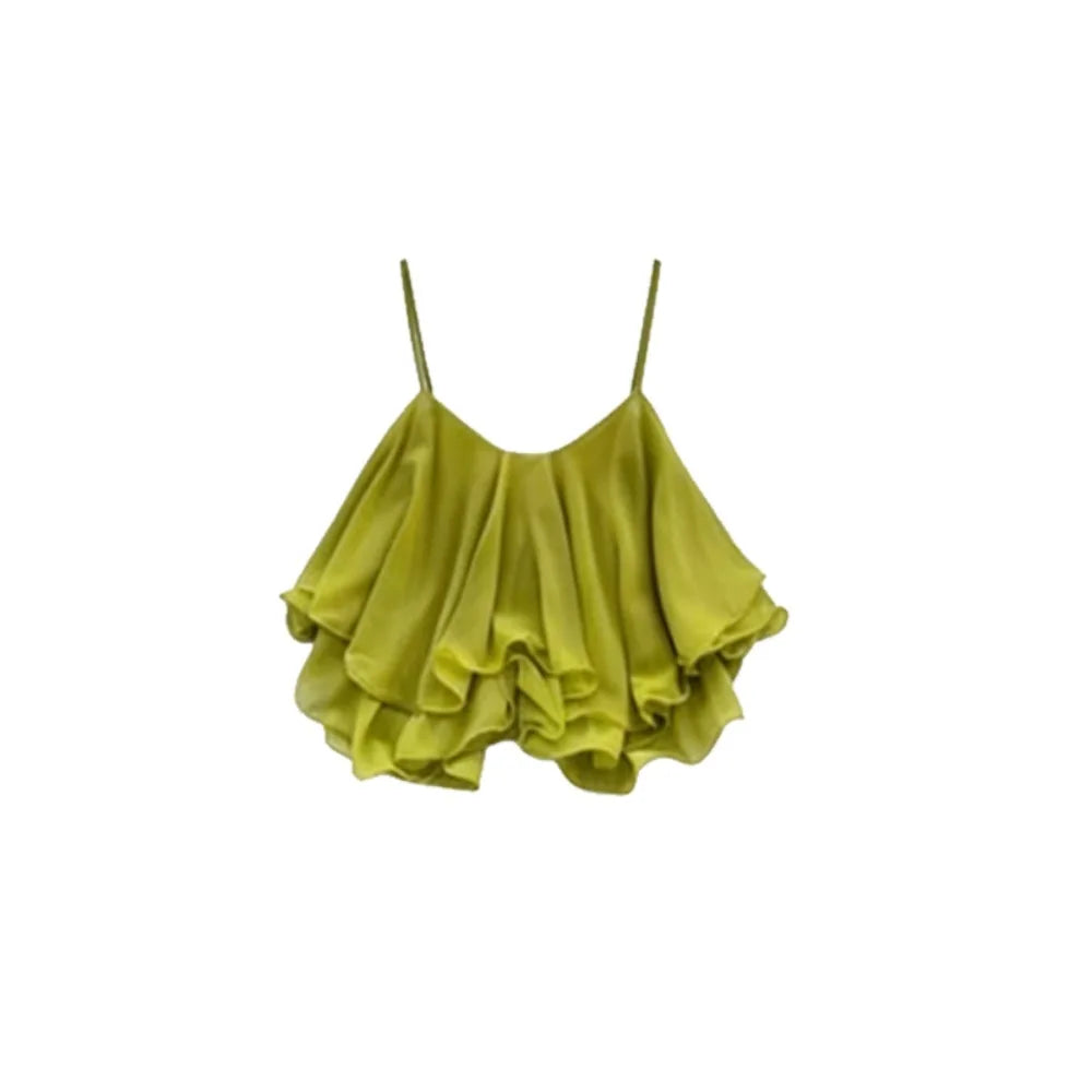 Ruffled Chiffon Spaghetti Strap Flowy Crop Top