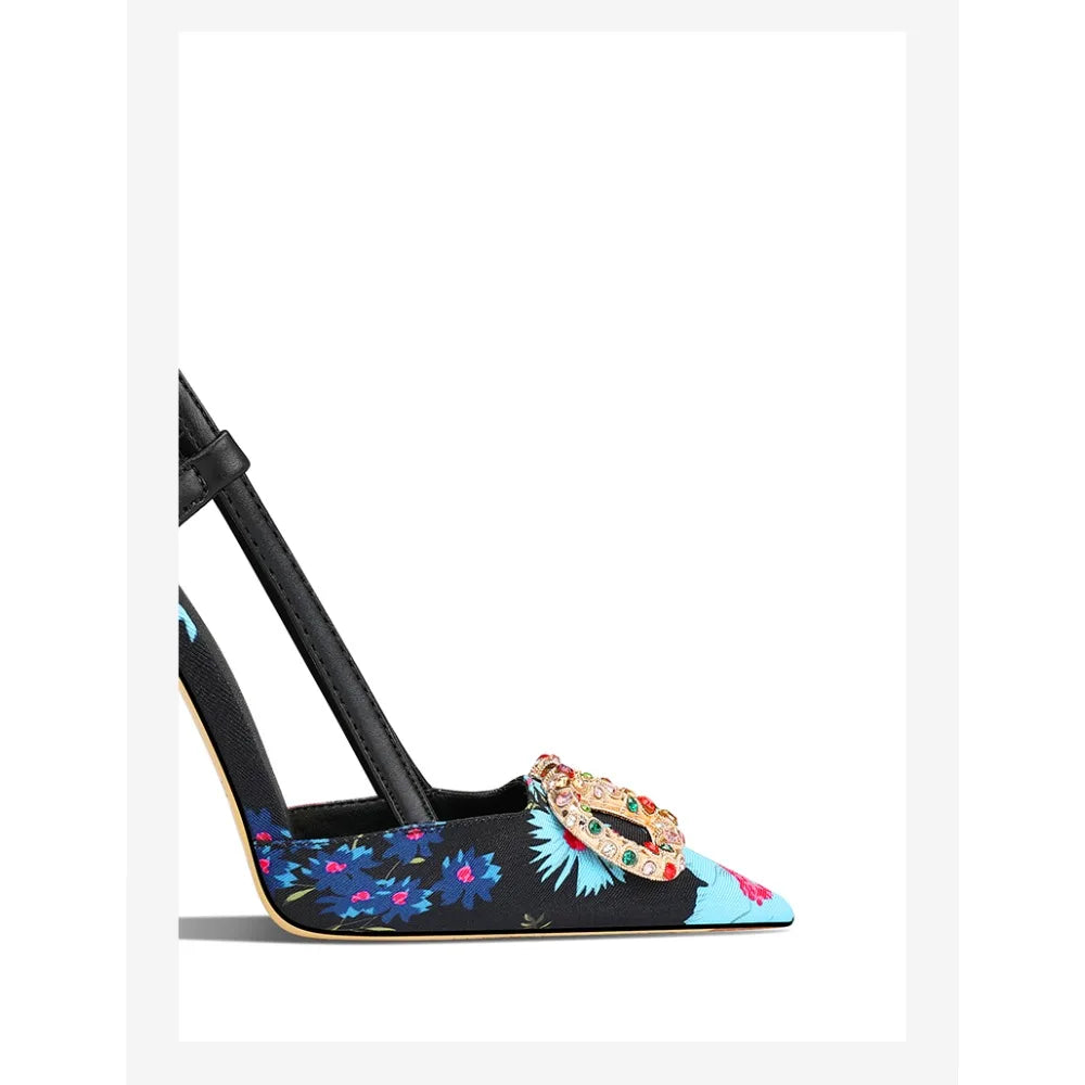Elegant Floral Pointed Toe Jewel Buckle Stiletto Heels