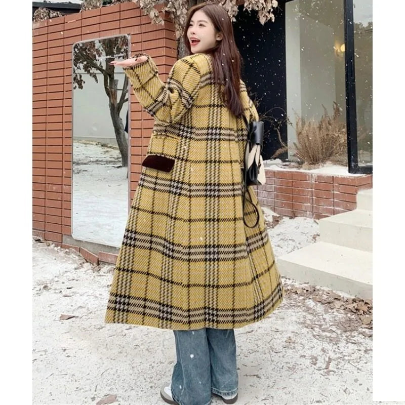 Women's Yellow Plaid Print Thick Long Sleeve Winter Overcoat