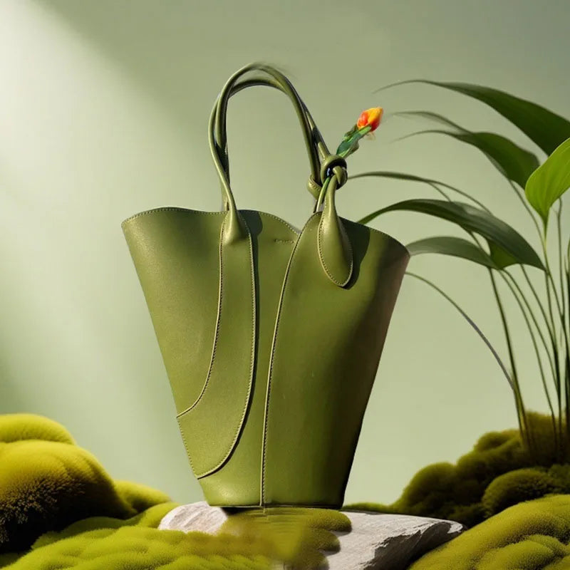 Green Designer Leather Tote Handbag