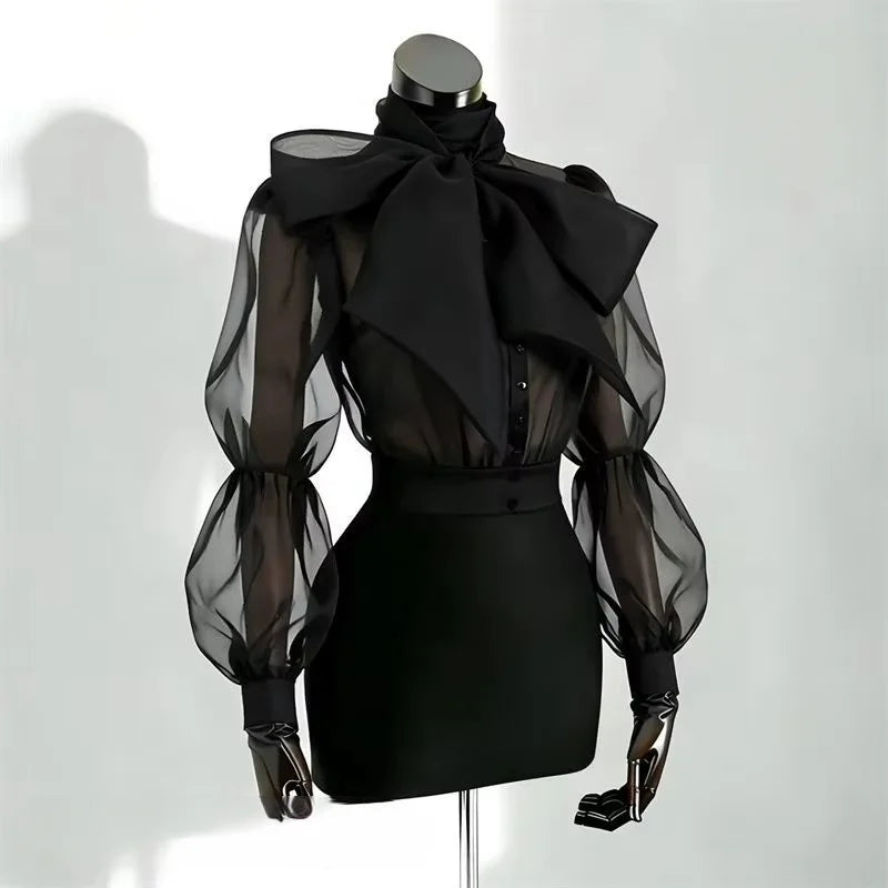 French Designer Bubble Sleeve Bow Tie Collar Blouse