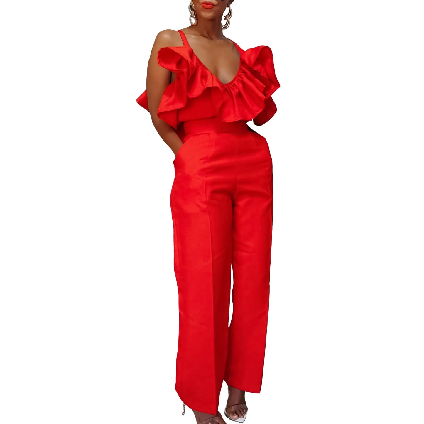 Designer Deep V Neck Ruffles High Waist Pants Jumpsuit