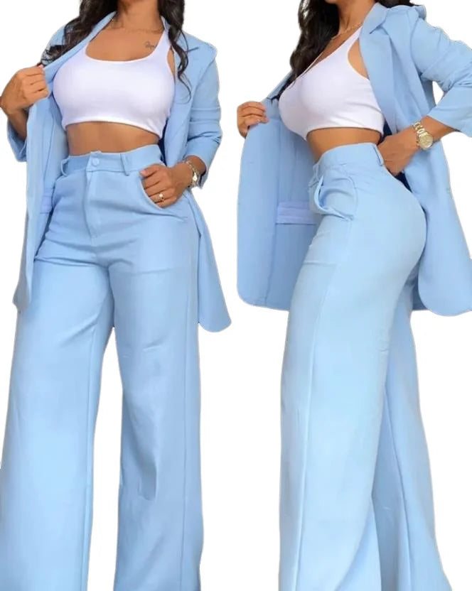 Designer Solid Color Button Blazer & Straight Leg Pant 2pc Set