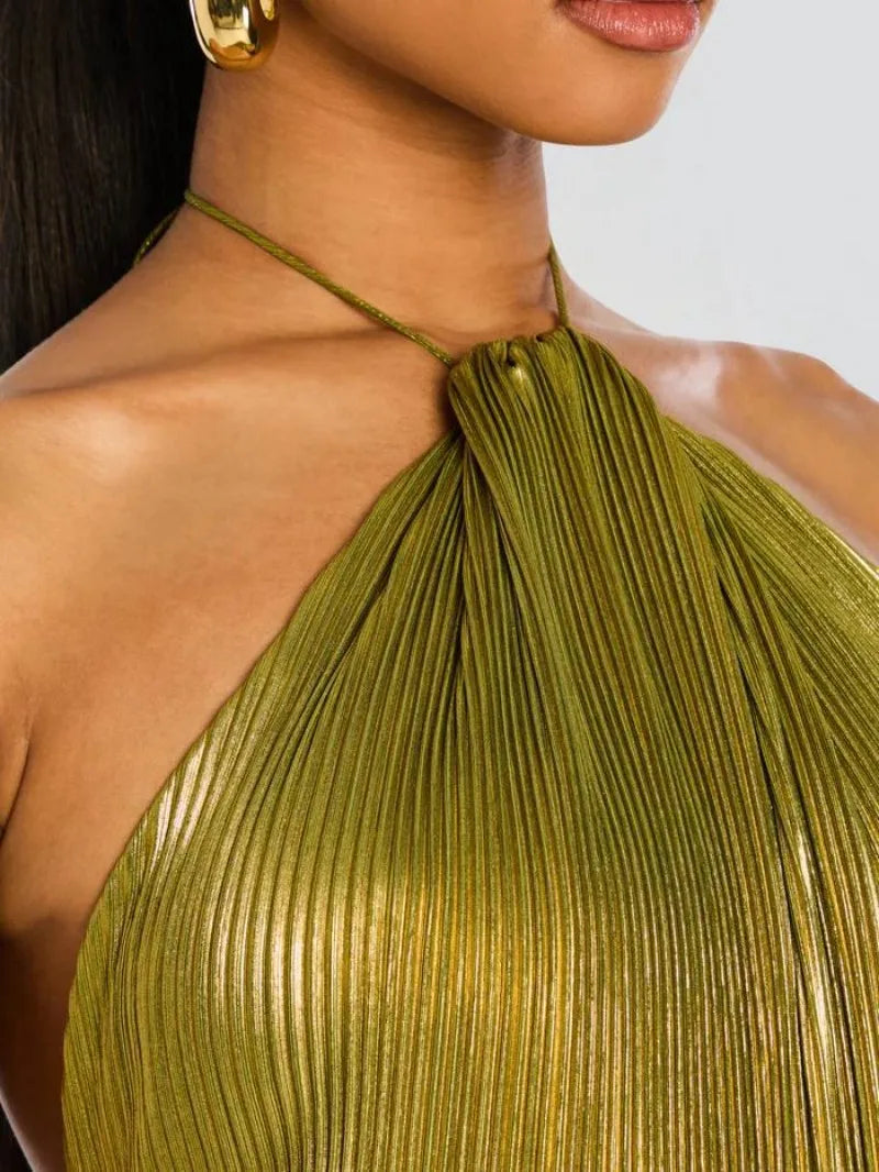 Metallic Gold Off Shoulder Backless Halter Long Dress w/ High Split
