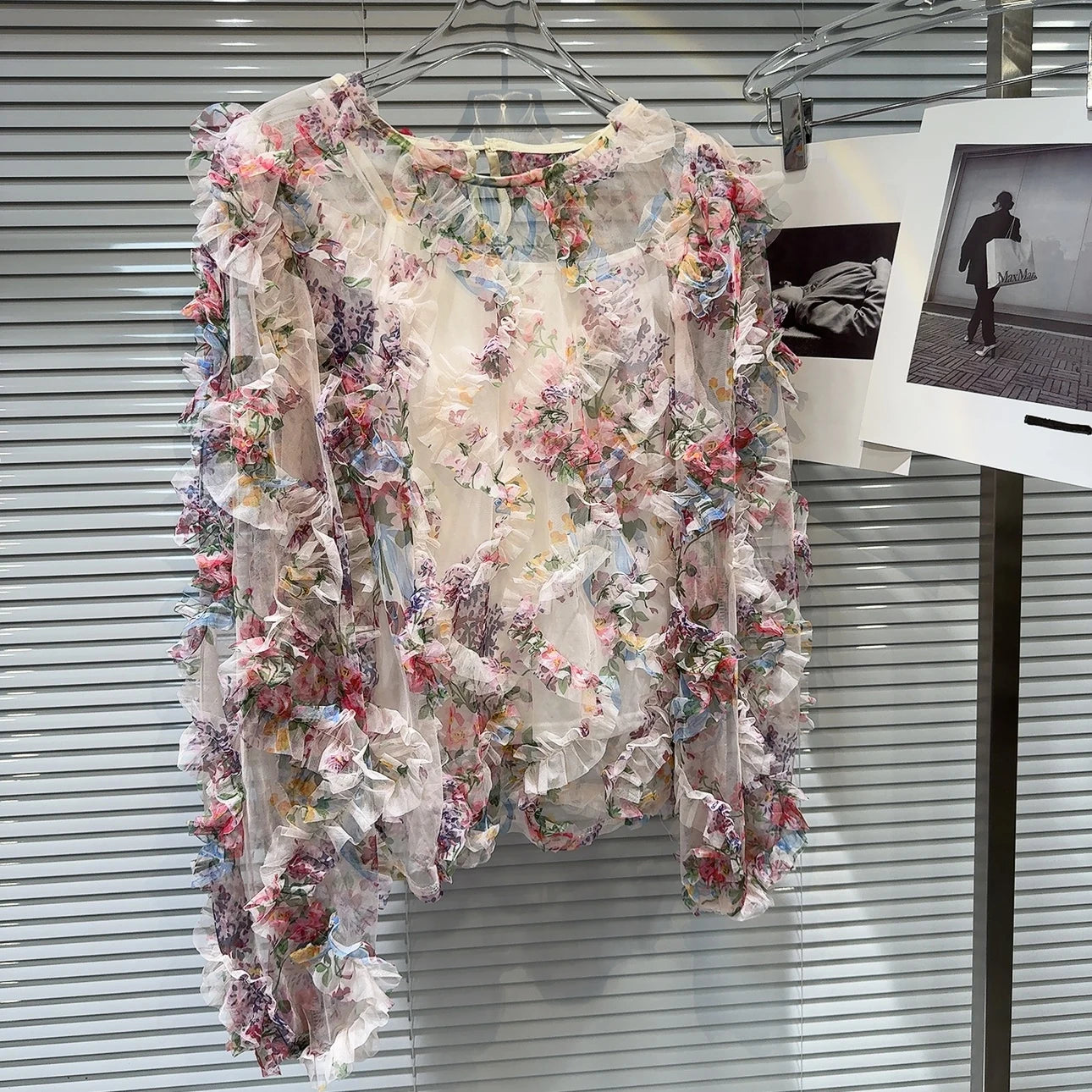 French Style Floral Pleated Mesh Chiffon Blouse