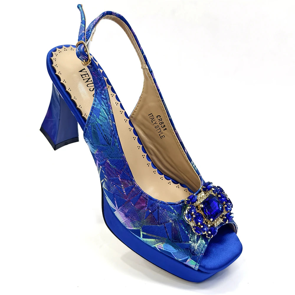 Elegant Women Peep Toe Designer Rhinestone Italian Shoes and Matching Bags