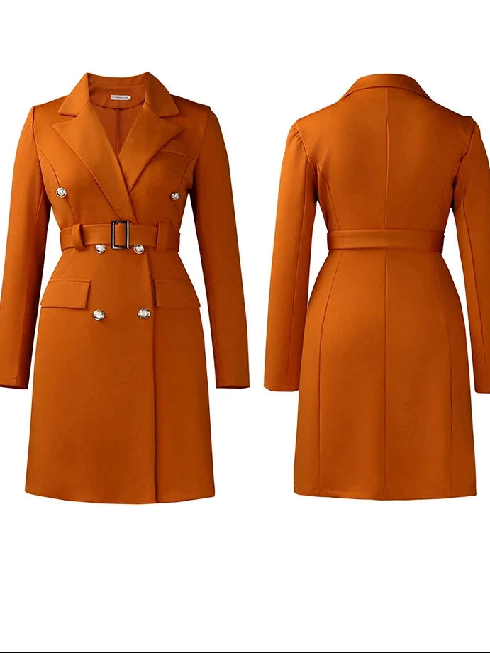 Orange trench coat shown from front and back on a white background with 'Mlaisor' branding.