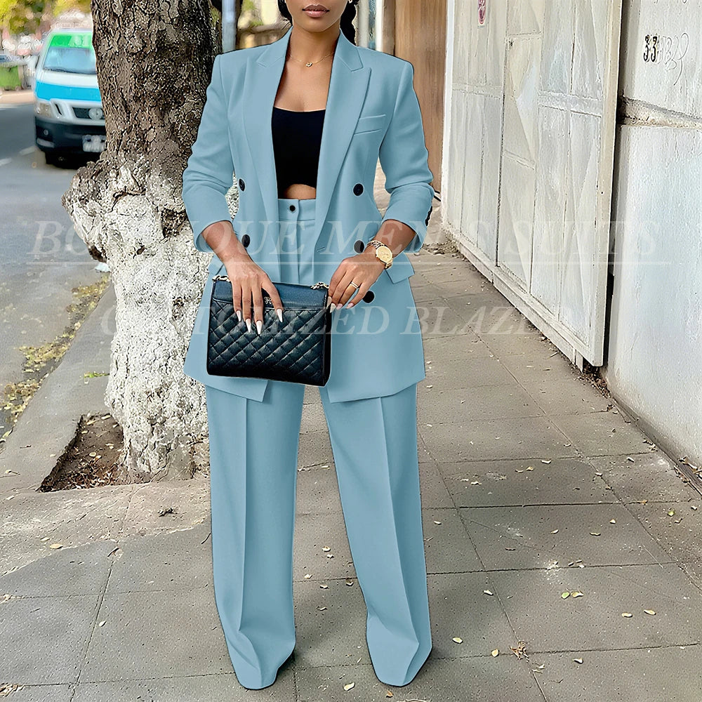 Elegant Women's Double Breasted Peak Lapel Blazer and Pleated Trouser Pants 2pc Suit