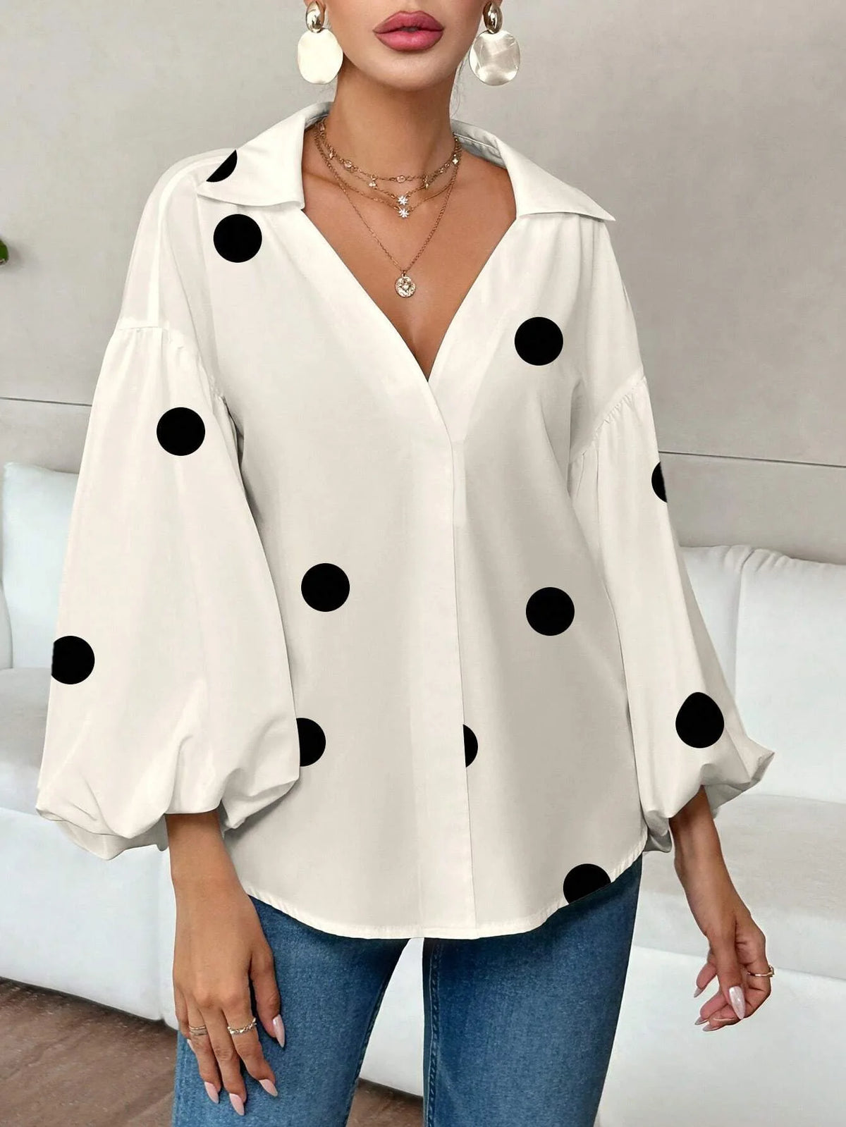French Polka Dot Print Long Sleeve Casual V-Neck Oversized Blouse