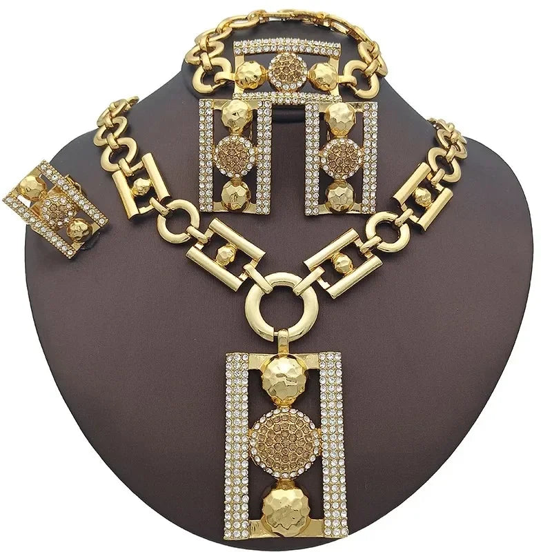 Women Rhinestone Luxury Design Rectangle Shape Necklace Bracelet Earring Ring Set