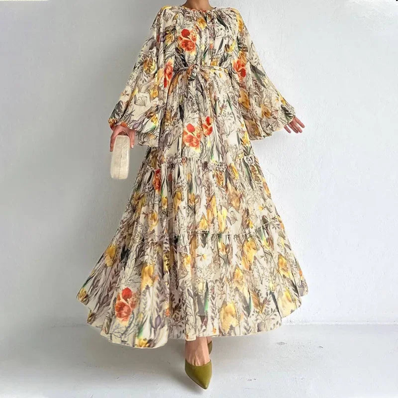 Women's Floral Printed Long-sleeved Chiffon Lace-up Dress