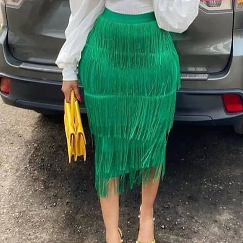 Women's Fringe Bodycon Tassel High Waist Stretch Midi Pencil Skirt