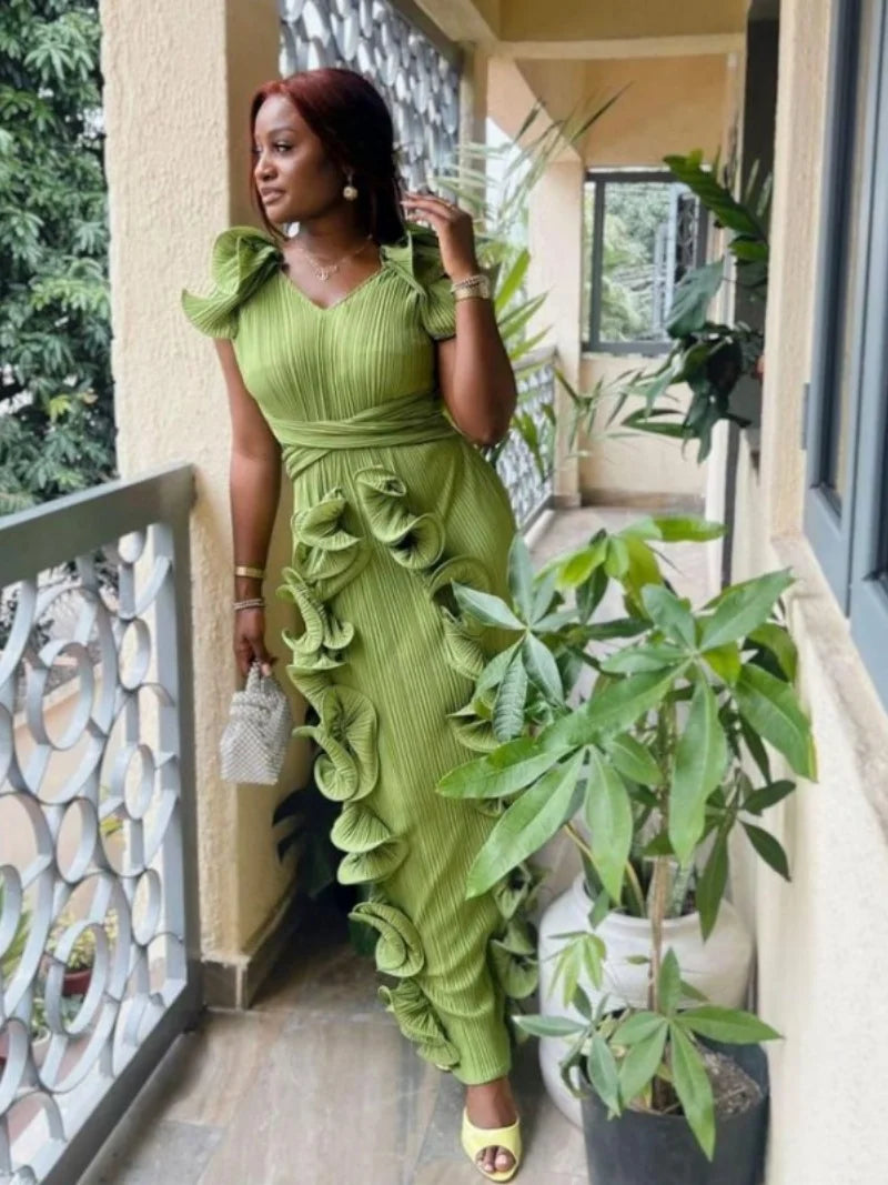 Ruffles Spliced Sleeveless V-Neck Bodycon Maxi Long Evening Dress