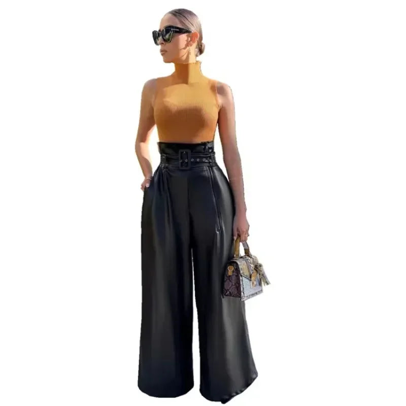 Women's High Waist Leather Wide Leg Pants