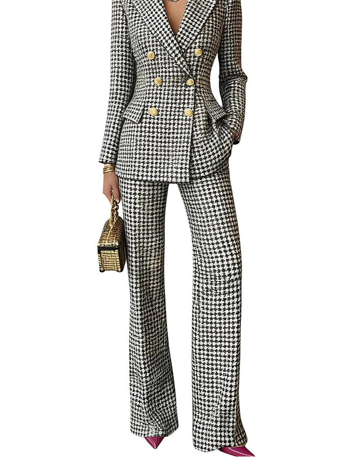 Houndstooth patterned suit with gold buttons on a white background
