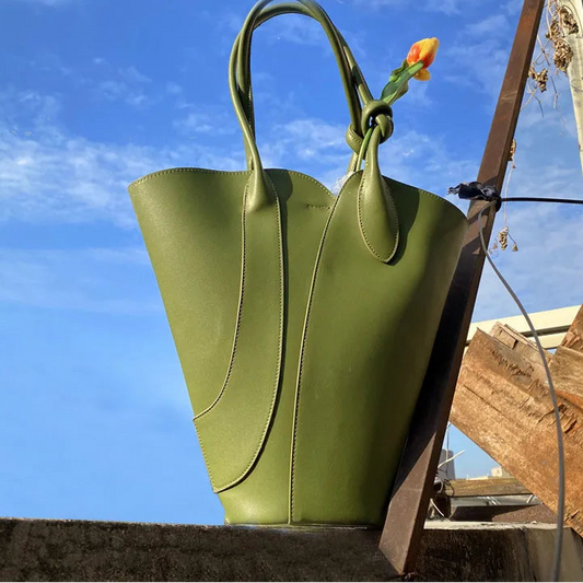 Green Designer Leather Tote Handbag