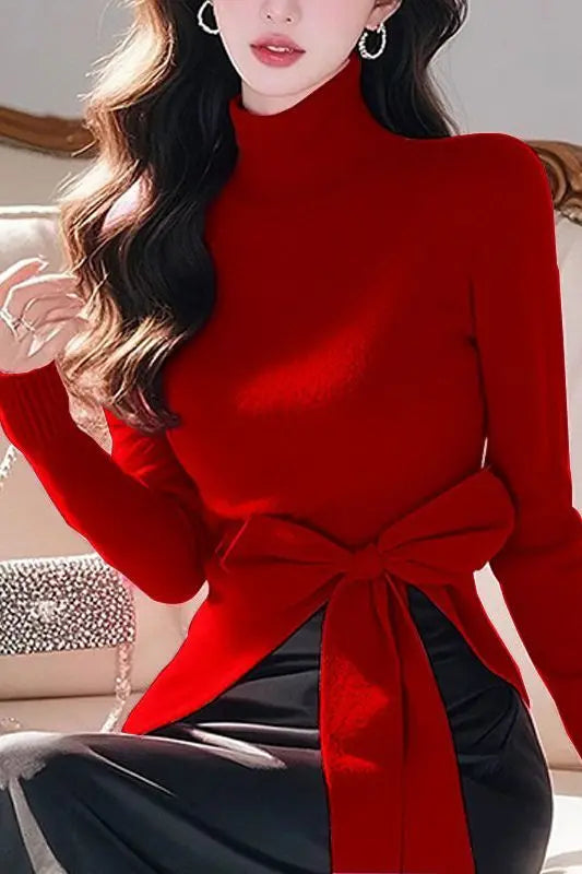 Women's French Style High Neck Irregular Knit Sweater w/ Bow Detail