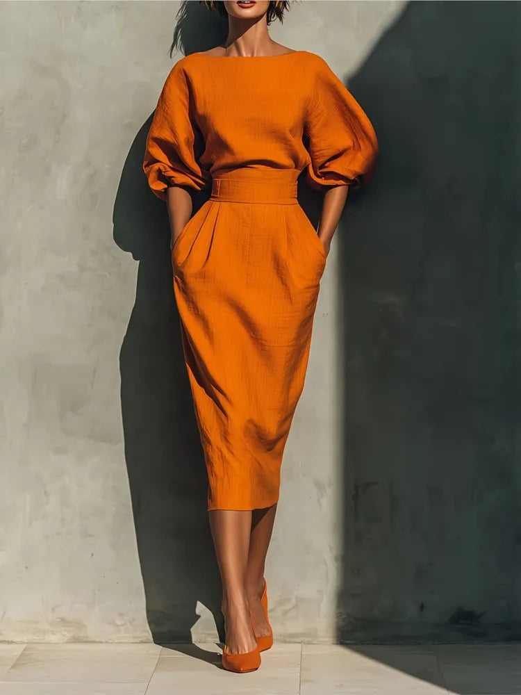 Women O-neck Lantern Sleeve Pocket Midi High Waist Pleated Wrap Hip Dress