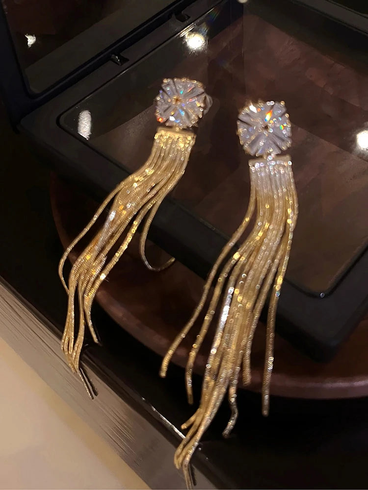 Women's Designer Crystal Rhinestone Long Tassel Drop Earrings