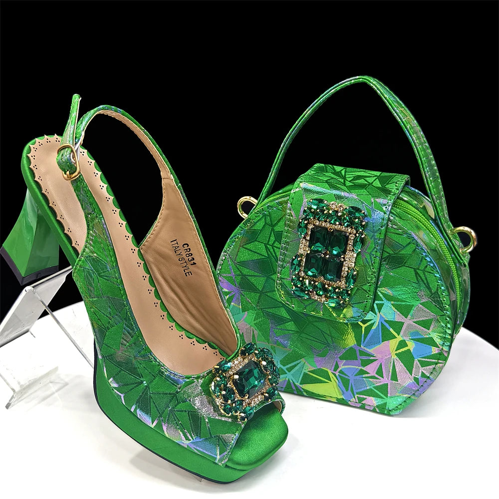 Elegant Women Peep Toe Designer Rhinestone Italian Shoes and Matching Bags