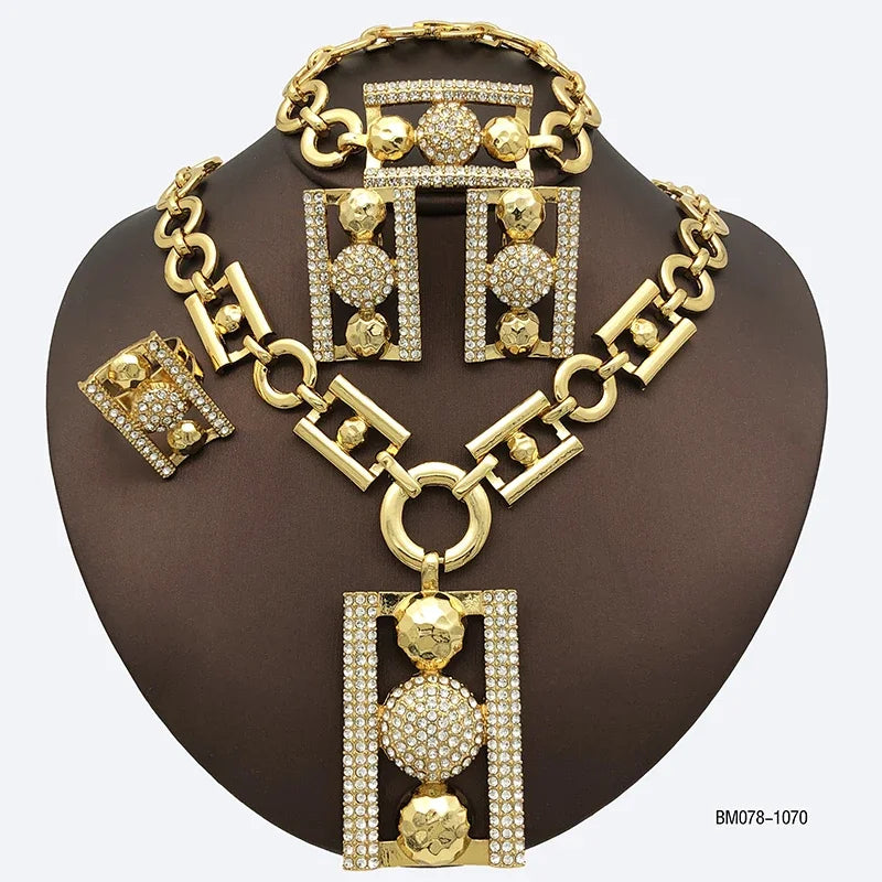 Women Rhinestone Luxury Design Rectangle Shape Necklace Bracelet Earring Ring Set