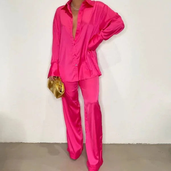 Elegant Satin Women's Long Sleeve Tracksuit And Wide Leg Pants