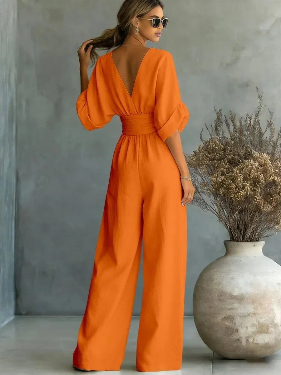 Women's High Waist V-neck Solid Color Wide Leg Jumpsuit