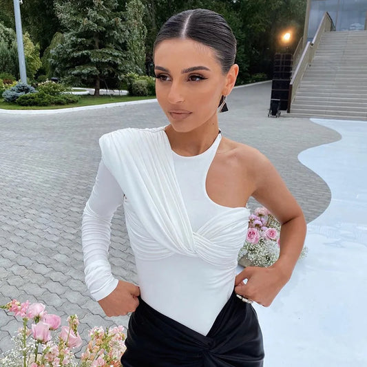 Sexy Pleated One Shoulder Long Sleeve High Waist Slim Backless Twist Bodysuit