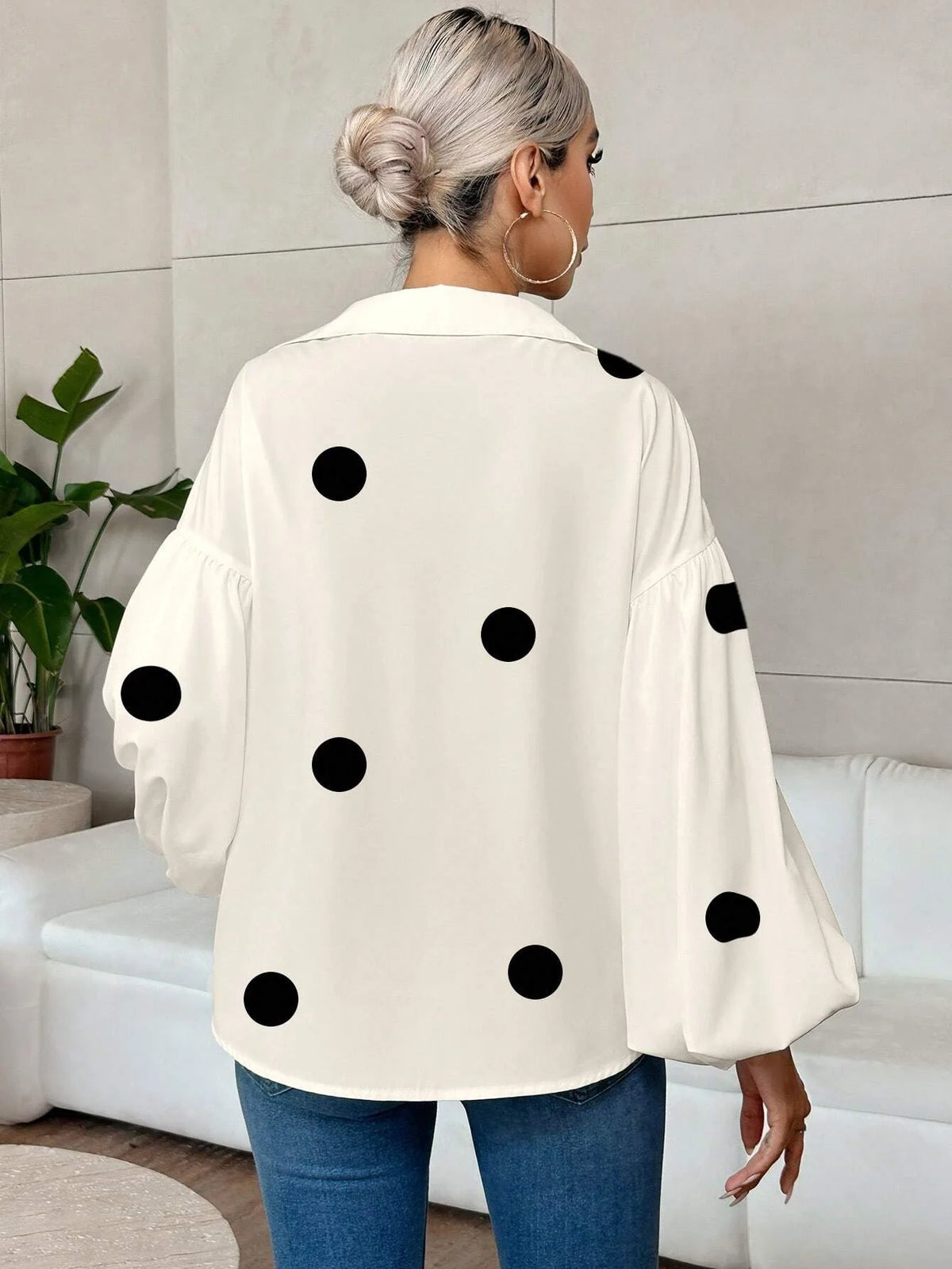 French Polka Dot Print Long Sleeve Casual V-Neck Oversized Blouse