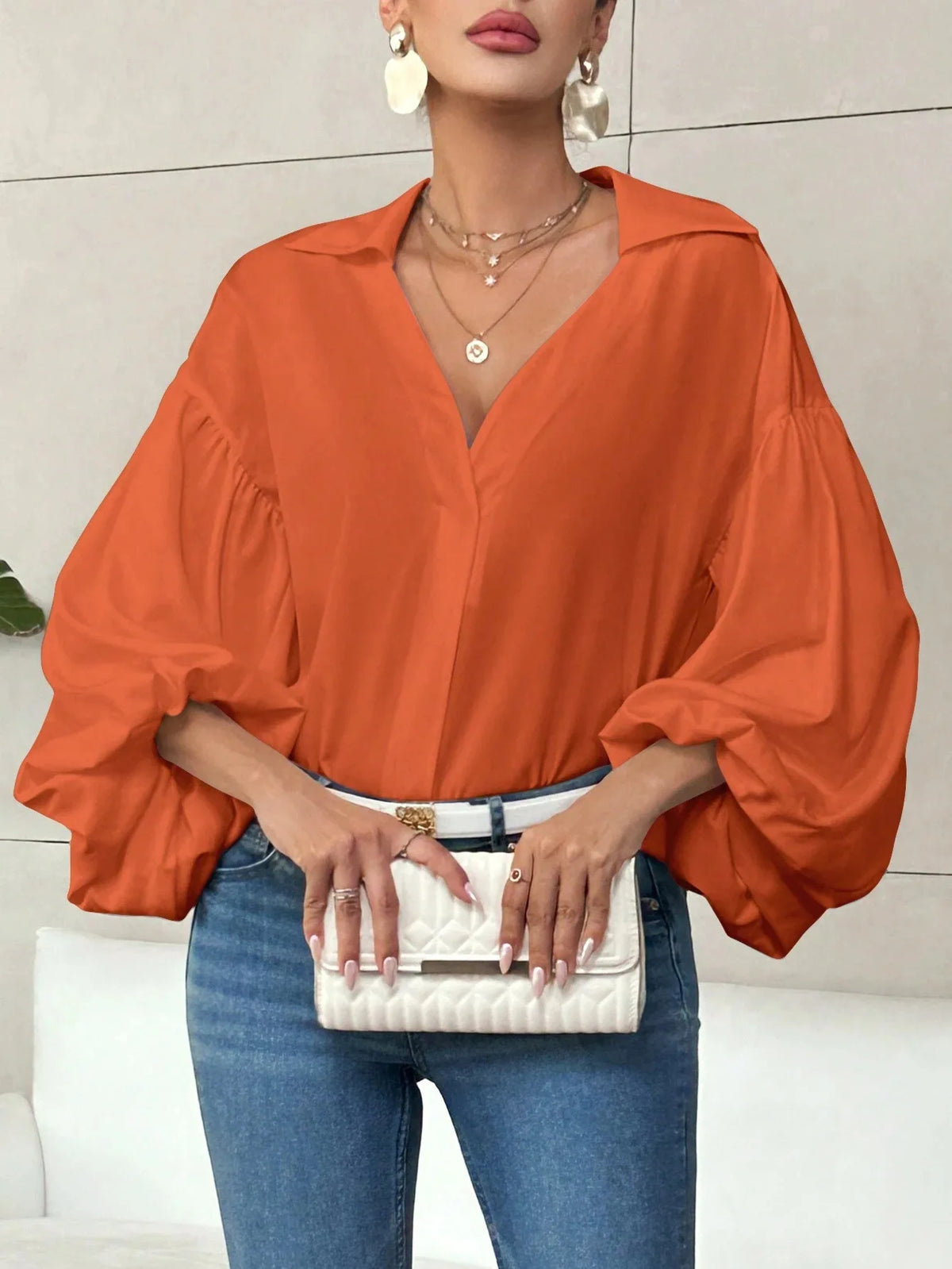 French Polka Dot Print Long Sleeve Casual V-Neck Oversized Blouse
