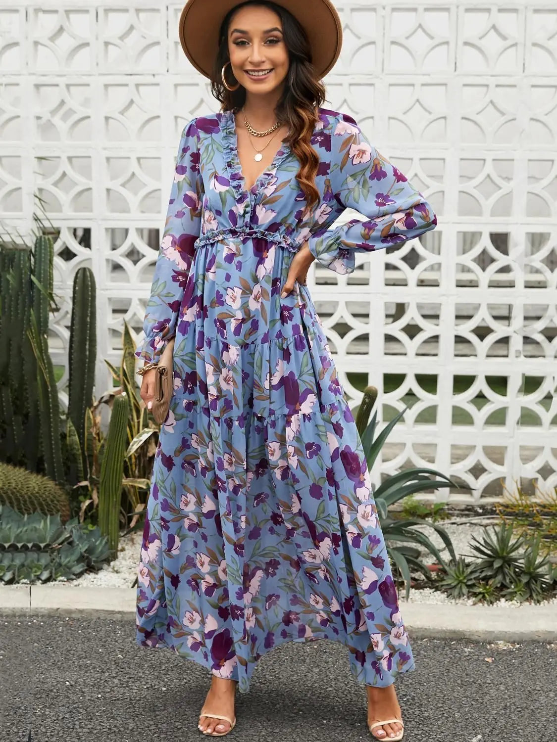 Elegant Floral Print Ruffle Layered Long Sleeved Chiffon A Line Long Maxi Dress