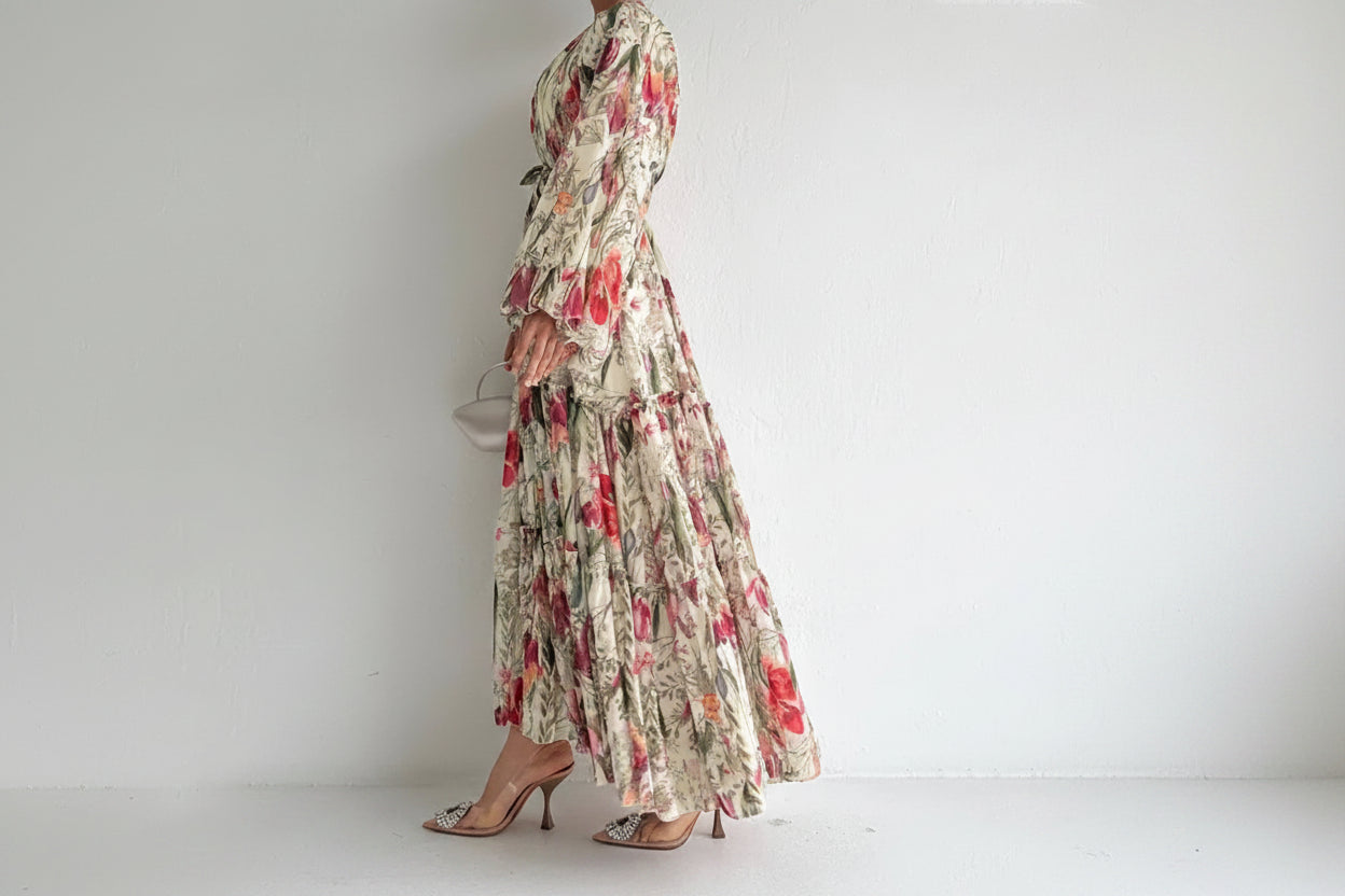 Women's Floral Printed Long-sleeved Chiffon Lace-up Dress