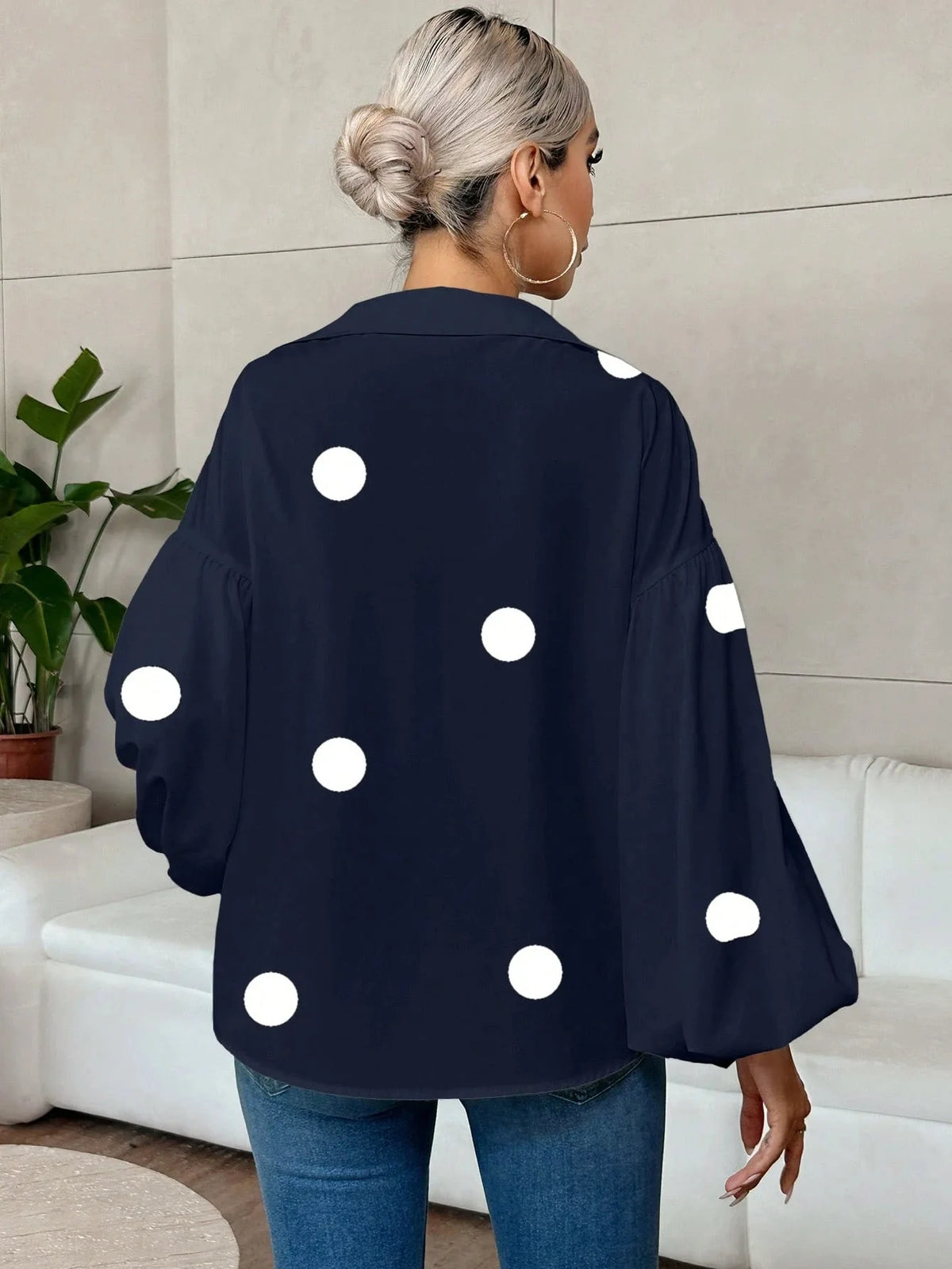 French Polka Dot Print Long Sleeve Casual V-Neck Oversized Blouse