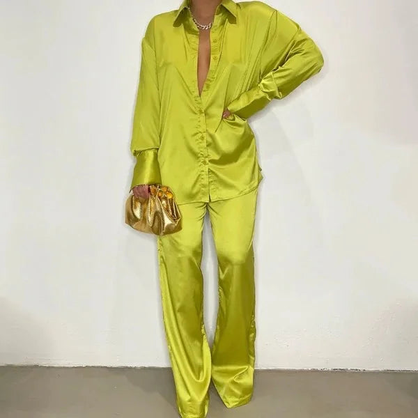 Elegant Satin Women's Long Sleeve Tracksuit And Wide Leg Pants