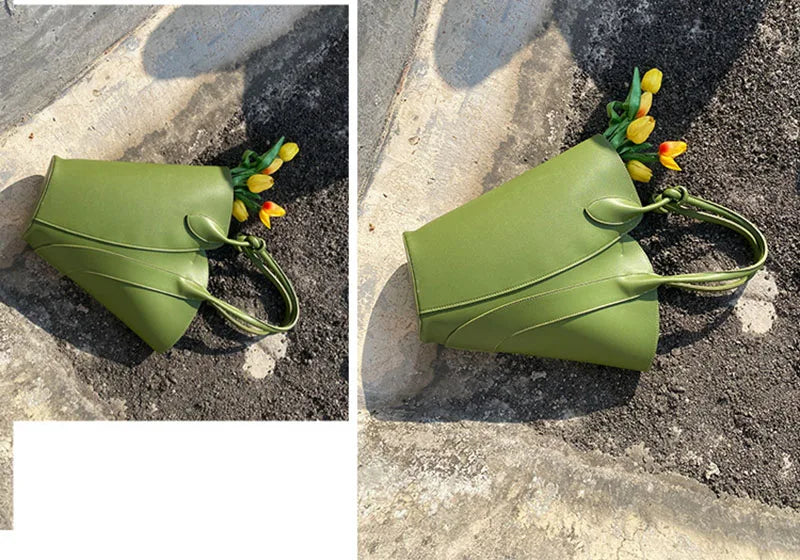 Green Designer Leather Tote Handbag