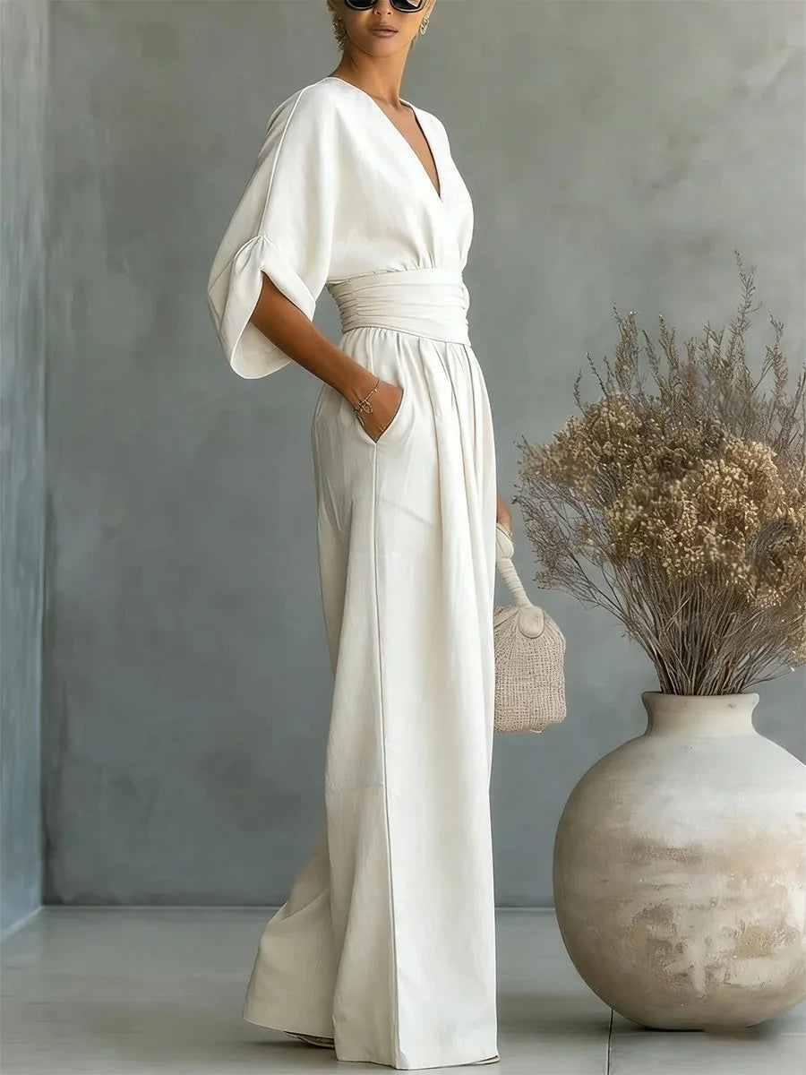 Women's High Waist V-neck Solid Color Wide Leg Jumpsuit