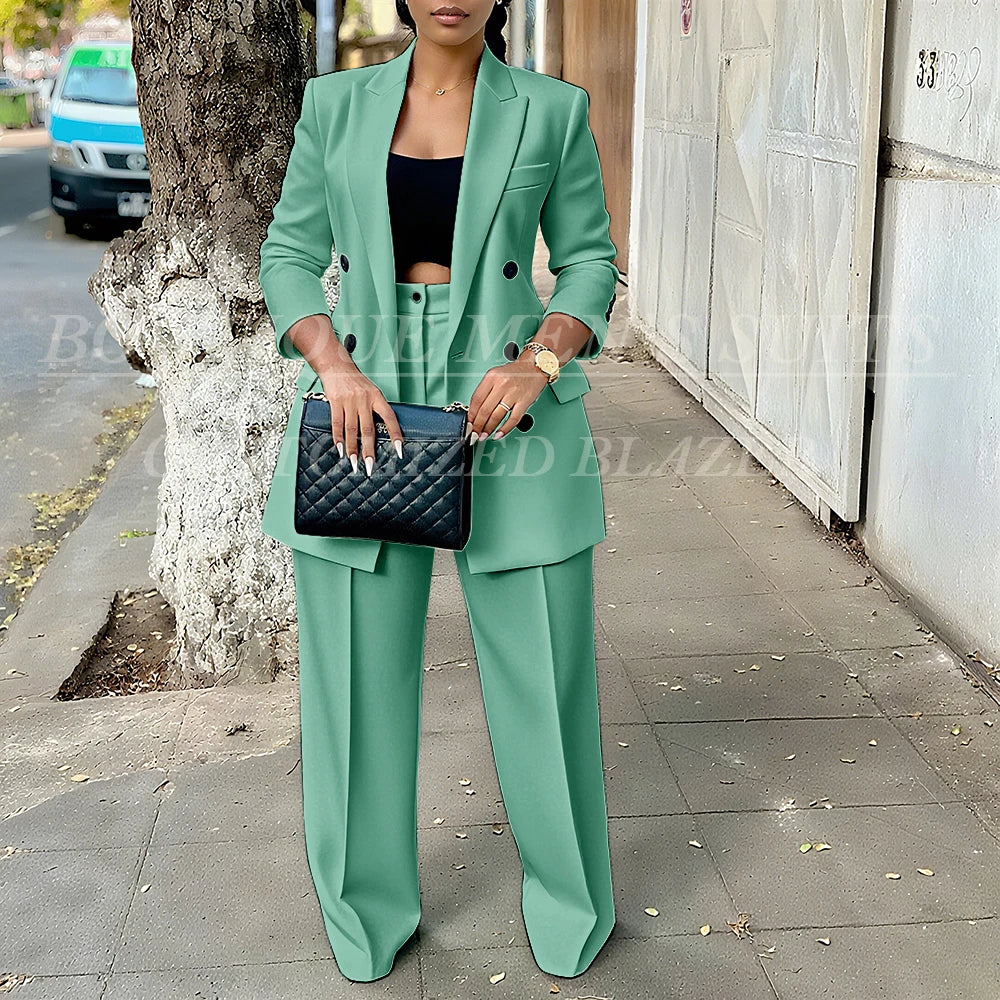 Elegant Women's Double Breasted Peak Lapel Blazer and Pleated Trouser Pants 2pc Suit