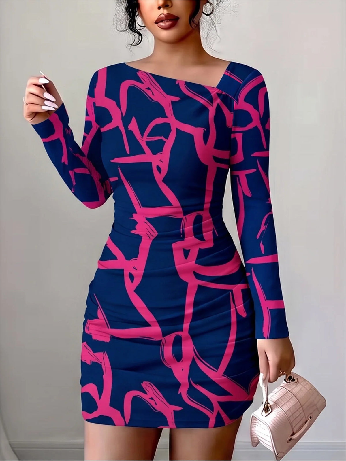 Women's Blue and Magneta Geometric Pattern Long Sleeve Slanted Collar BodyCon Dress