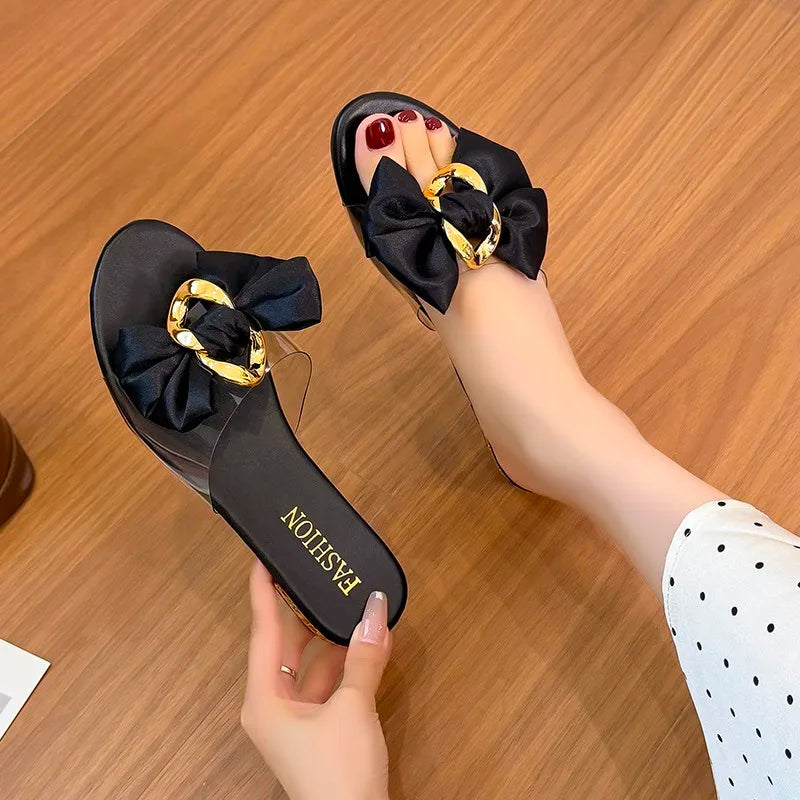 Designer Round Toe Butterfly Low Heel Slippers