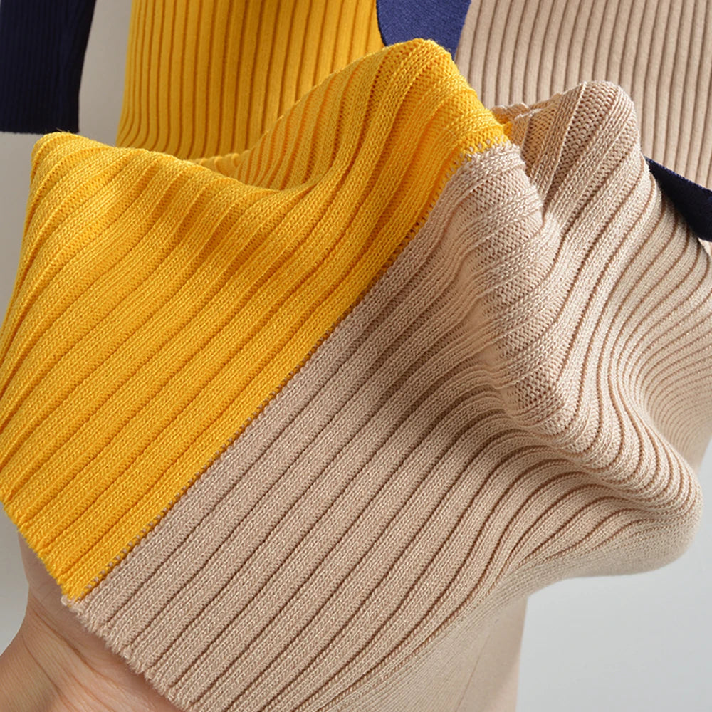 Women's Knitted Color Block Long Sleeve Turtleneck Sweater Dress with Belt
