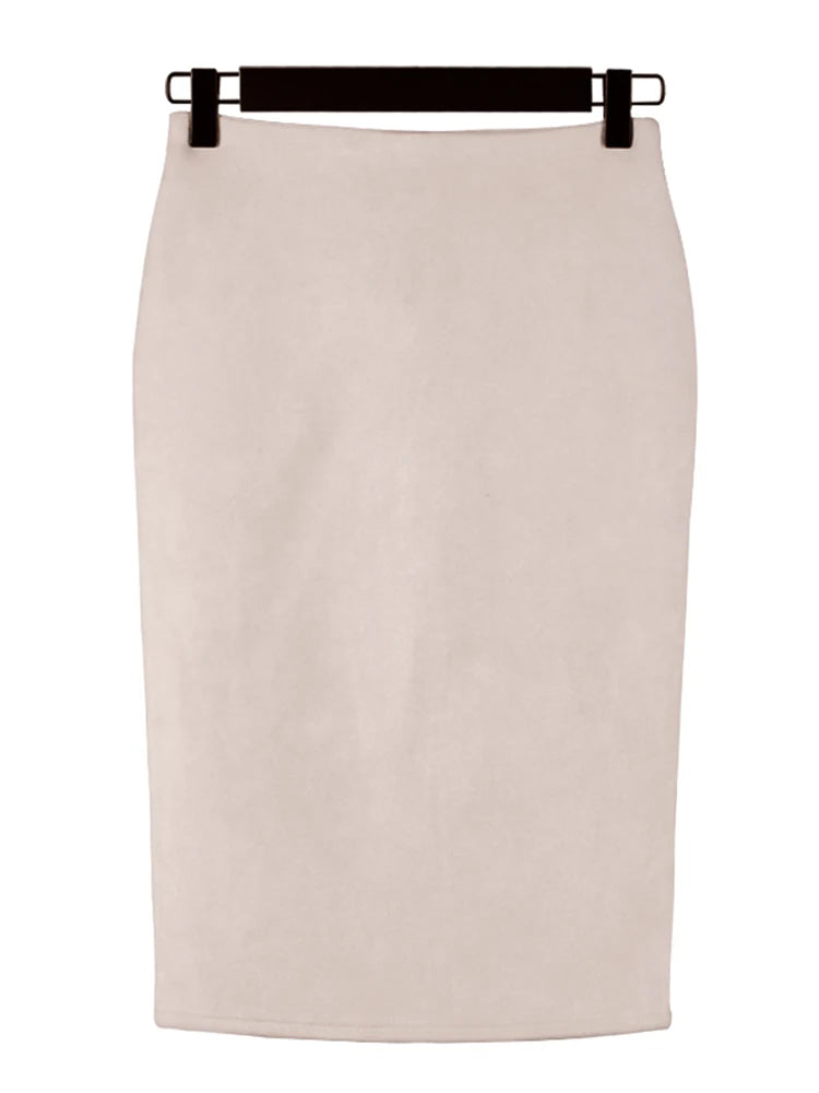 Sexy Multi Color Suede Elastic High Waist BodyCon Midi Pencil Skirt