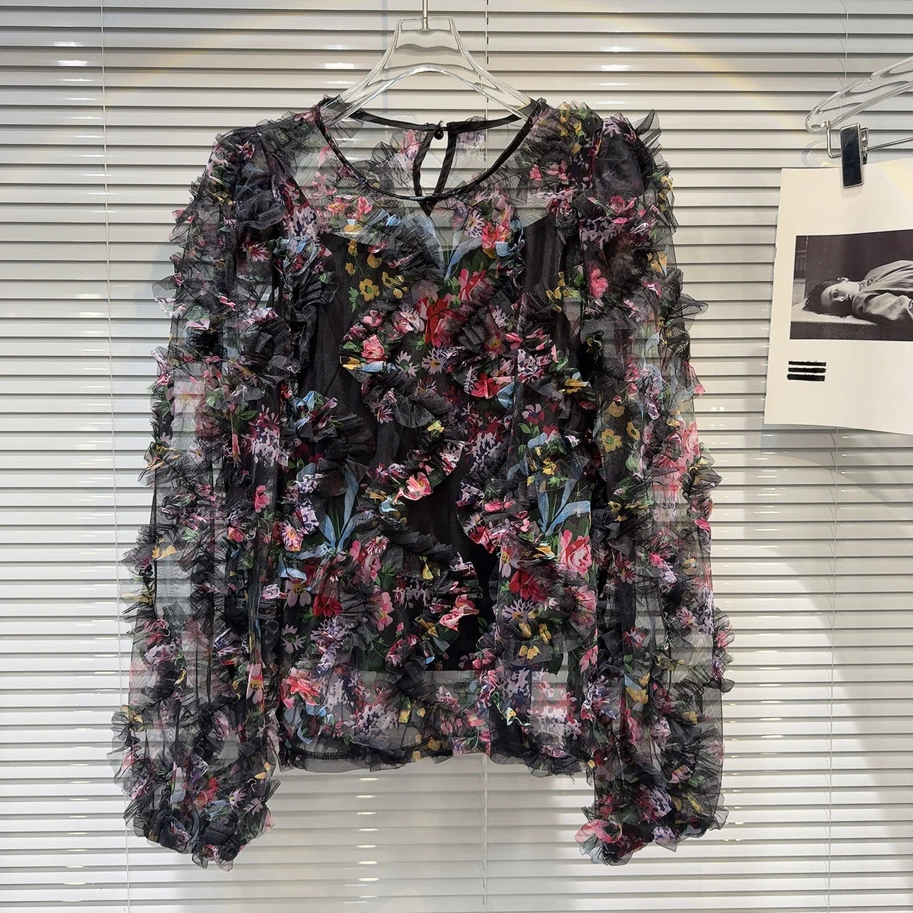 French Style Floral Pleated Mesh Chiffon Blouse